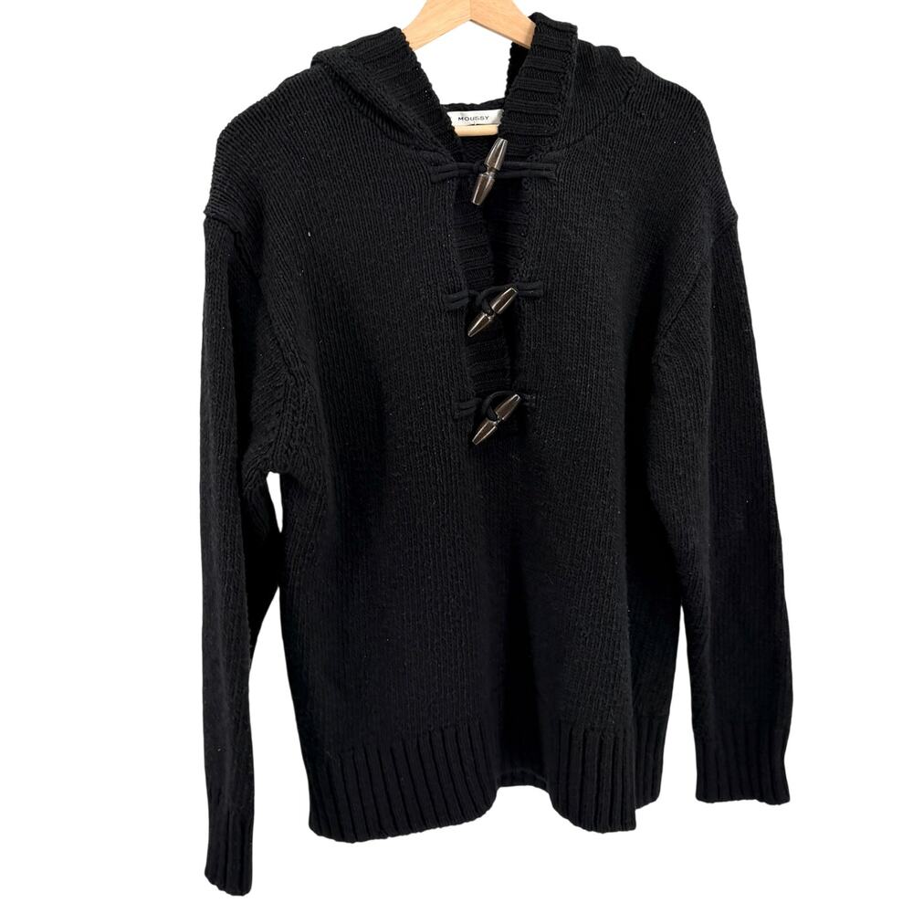 Moussy Black Heavy Knit Toggle Hooded Sweater Jacket